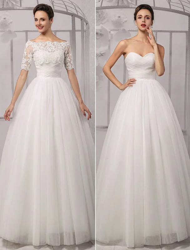 Tull Off-The-Shoulder Ball Gown Wedding With A Lace Wrap Exclusive Full Skirt Wedding