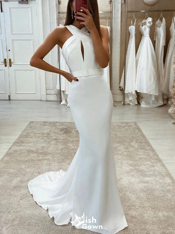 Unique Mermaid Halter Sleeveless With Train Popular Bridal Long Wedding Dresses, WDH114 Sexy Lace Gown