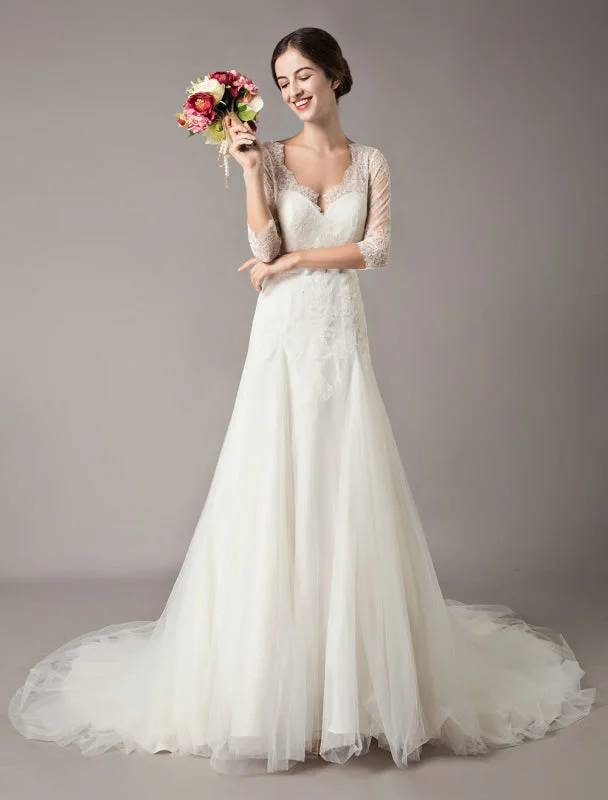 Wedding Dresses A Line Ivory V Neck Lace Tulle Half Sleeve Bridal Dress With Train Sparkling Bridal Gown