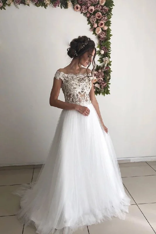 Sexy White Tulle Off Shoulder Long Wedding Dress Sheer Back Bridal Dress N2651 Strapless Bridal Dress