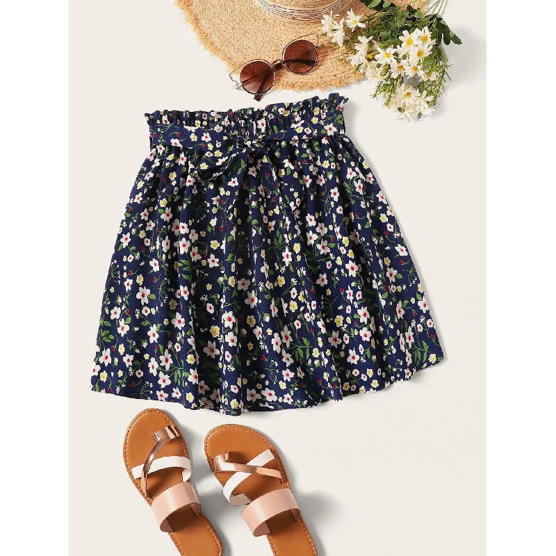 Ditsy Floral Print Waist Belted Skirt Office unclassified skirts