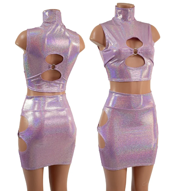 Lilac Holographic O-ring Cutouts Crop Top and Skirt Set Casual chic unclassified skirts