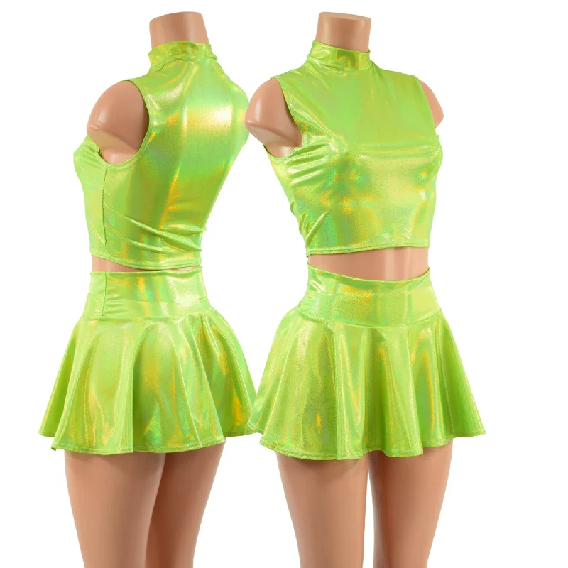 Neon Lime Holographic Crop Top & Circle Cut Skirt Set Wrap unclassified skirts