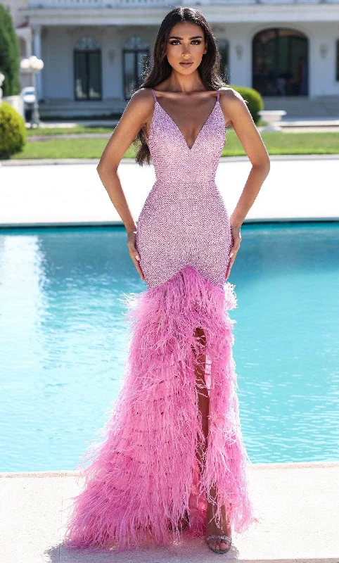 Portia and Scarlett PS23339 - V-Neck Feathered Trumpet Prom Gown Best party dresses for hourglass body shape