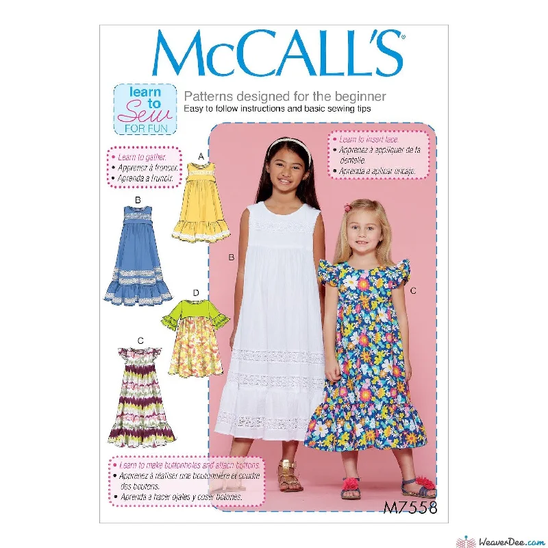 McCall's Pattern M7558 Children's/Girls' Sleeveless & Ruffle Sleeve Empire-Waist Dresses Best floral dresses for elegant looks