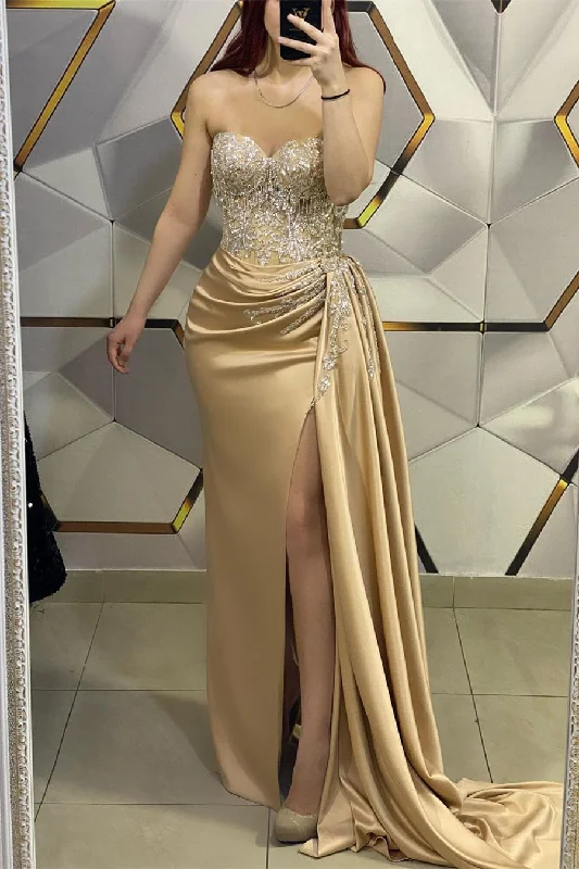 Amazing Long Champagne Sleeveless Beading Lace Evening Prom Dresses With Slit Floral Maxi Skirt