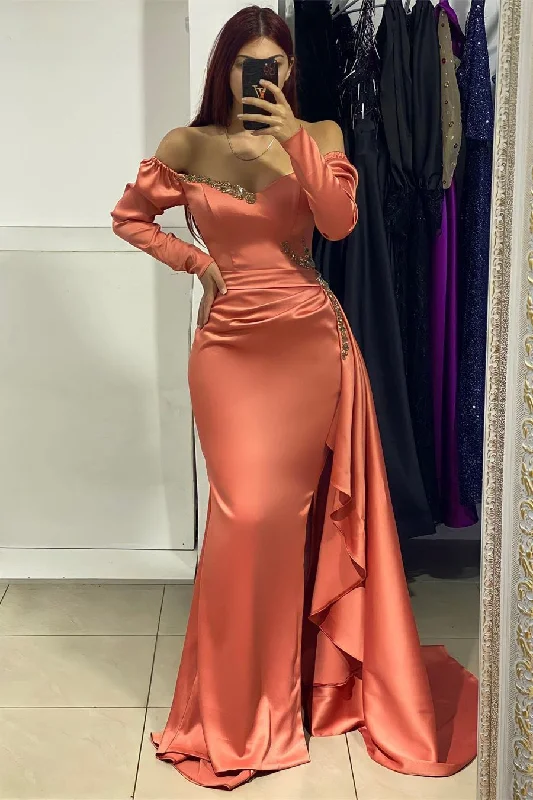 Amazing Long Satin V-neck Long Sleeves Evening Prom Dresses With Rhinestone Casual Maxi Outfit