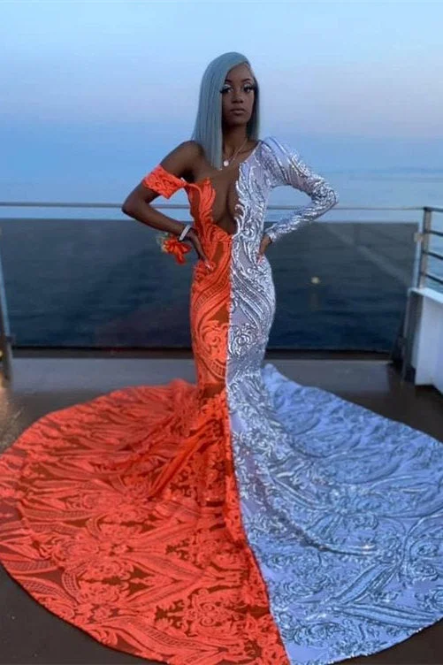 Amazing V-Neck Off-the-shoulder Long Sleeve Appliques Long Mermaid Prom Dress Maxi Skirt Party