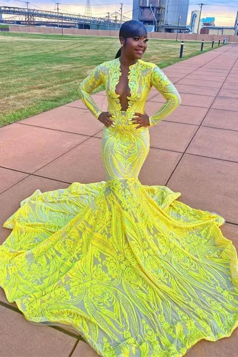 Amazing Yellow V-Neck Long Sleeve Long Appliques Mermaid Prom Dress Stretch Maxi Skirt