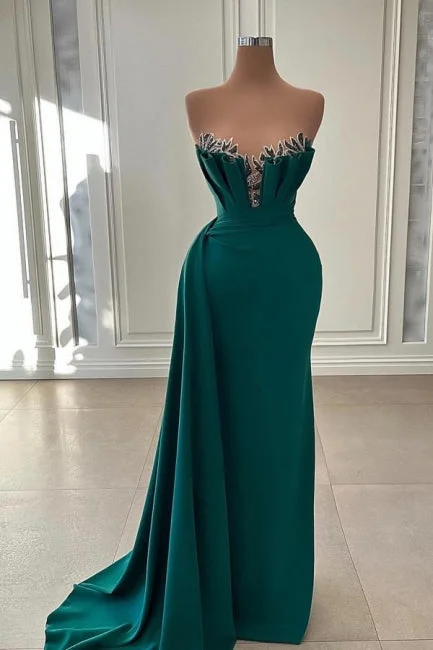 Beautiful Dark Green Long Prom Dress Evening Gowns Strapless Mermaid Full Maxi Skirt