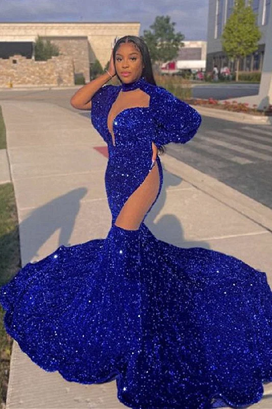 Beautiful Royal Blue High-neck Long Sleeve Lace Long Mermaid Prom Dress Soft Flow Maxi