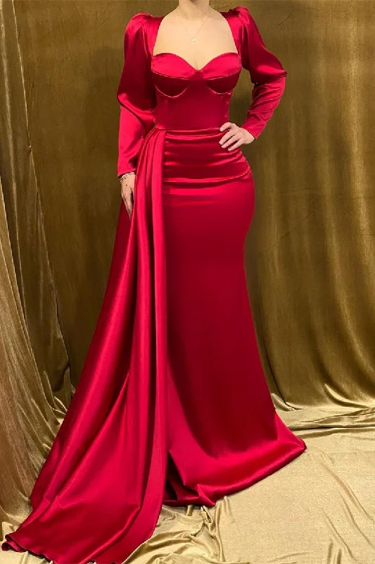 Charming Long Strapless Red Satin Mermaid Evening Prom Dresses With Long Sleeves Front Slit Maxi