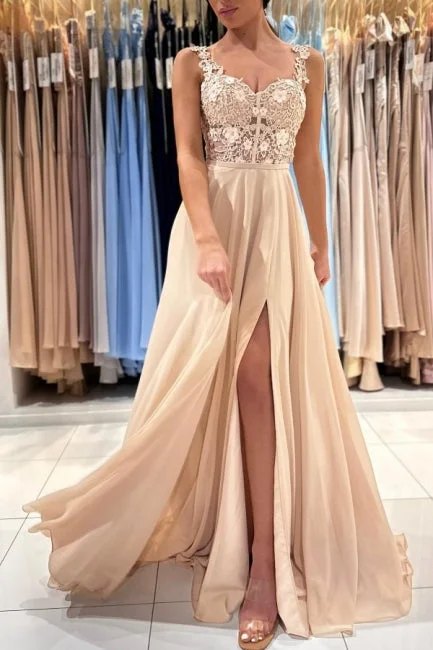 Chic Lace Sleeveless Prom Dress With Slit Long Champagne Floral A-line Skirt