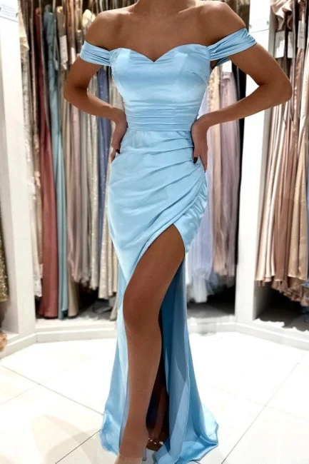 Chic Long Sky Blue Sleeveless Prom Dress With Slit Off-the-shoulder Mermaid Maxi Skirt Fashion