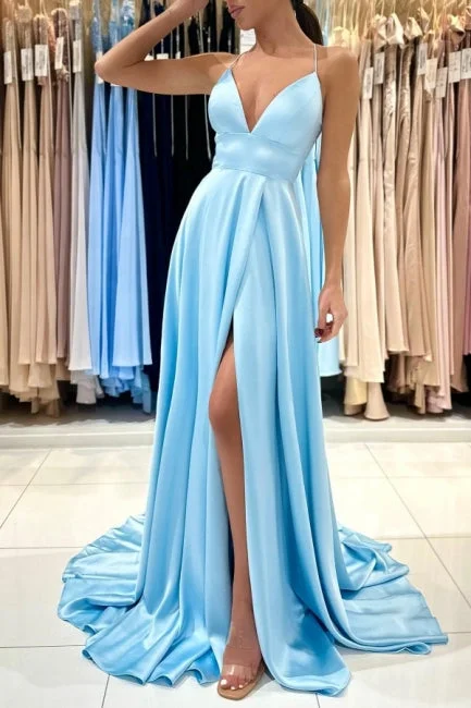 Chic V-neck Sleeveless Satin Evening Dress With Slit Long Blue Wrap Maxi Skirt