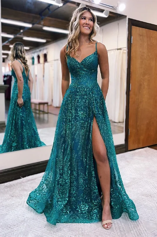 Elegant Long A-line Spaghetti Straps Lace Sleeveless Evening Prom Dresses With Slit Flowing Boho Skirt