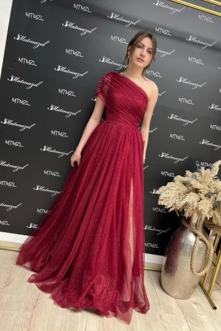 Fabulous Burgundy One Shoulder Sleeveless Prom Dress With Slit Long Glitter Printed A-line Maxi