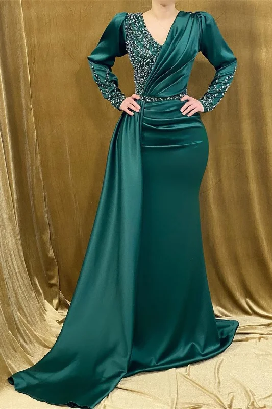 Fabulous Long Satin V-neck Mermaid Evening Prom Dresses With Beading Wrap Maxi Skirt