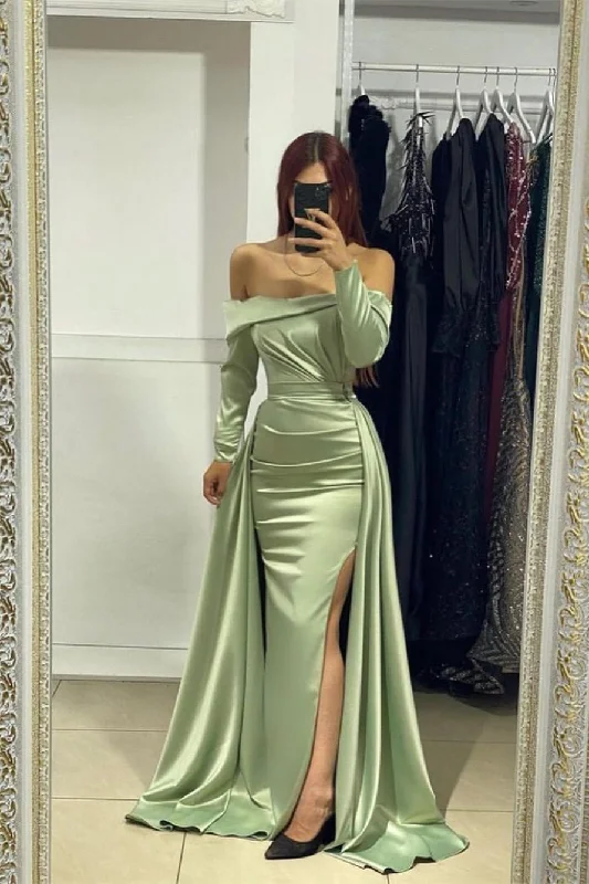 Fabulous Long Strapless Front Split Satin Mermaid Evening Prom Dresses With Long Sleeves Maxi Skirt Dress