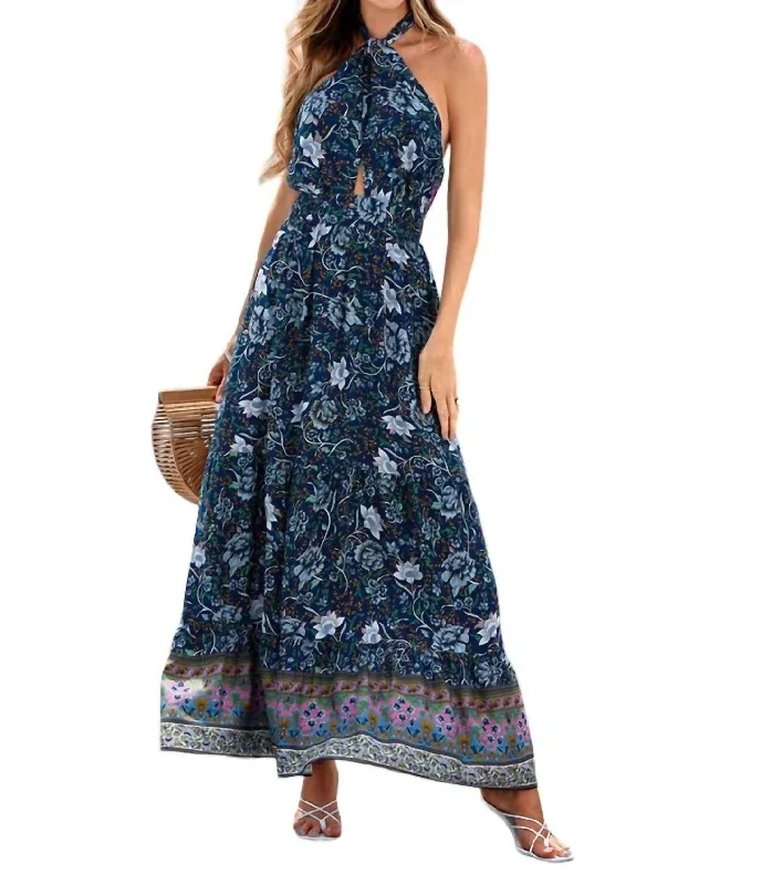 Floral Print Halter Tie Maxi Dress In Navy Floral High-Low Maxi Skirt