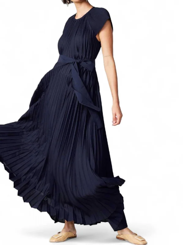 Fluttered Maxi Pleated Dress In Navy Summer Maxi Skirt