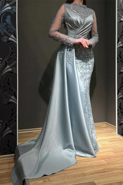 Gorgeous Grey Long Sleeves Jewel Mermaid Stretch Satin Evening Prom Dresses with Appliques Layered Maxi Skirt