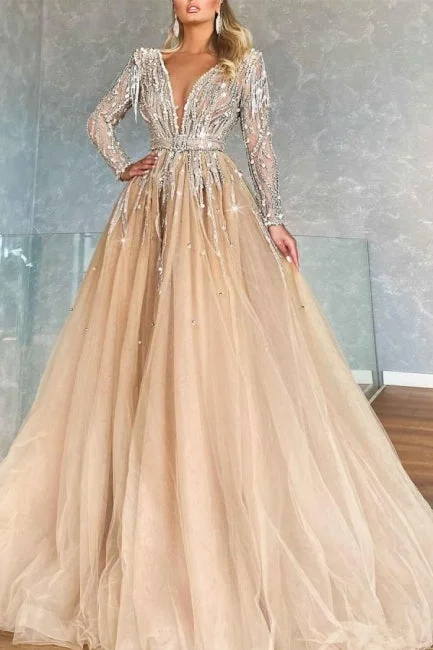 Luxurious V-neck Ball Gown Prom Dresses With Beads Long Sleeves Pleated Floral Maxi