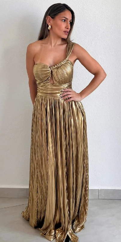 Metallic Glam Pleated Gold Maxi Dress Cozy Maxi Skirt