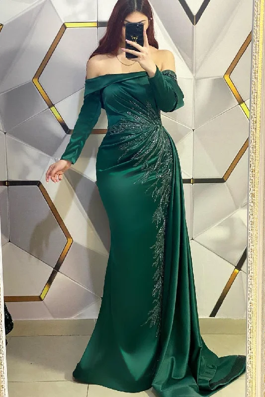 Modern Long Dark Green Mermaid Off-the-shoulder Lace Evening Prom Dresses With Long Sleeves High-Waisted Maxi Skirt