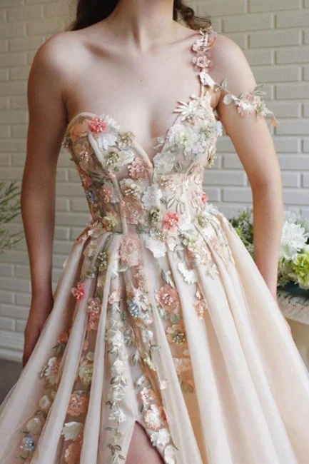 Modern One Shoulder Flowers Prom Dress With Slit Long Embroidered Maxi Skirt