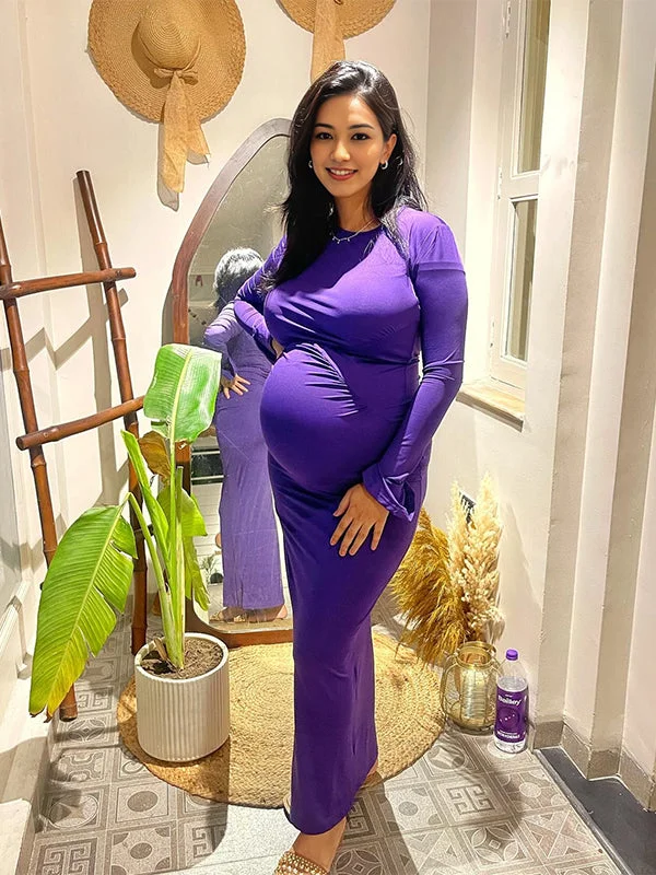 Momyknows Ruched Solid Color Flare Sleeve Bodycon Party Baby Shower Maternity Maxi Dress Front Pocket Maxi