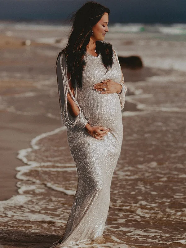 Momyknows Silver Glitter Sequin Tassel Lantern Sleeve Mermaid Elegant Evening Gown Maternity Photoshoot Maxi Dress Soft Maxi Dress