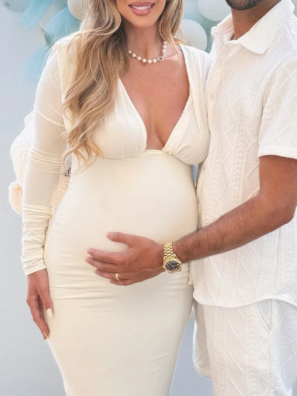 Momyknows White Deep V-neck Bodycon Elegant Evening Photoshoot Baby Shower Maternity Maxi Dress Boho Chic Maxi