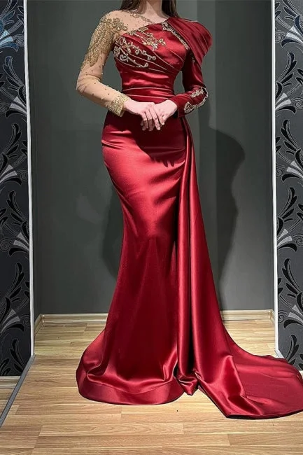 Ruby Long Sleeves Mermaid Stretch Satin Evening Prom Dresses with Ruffles Front Slit Skirt