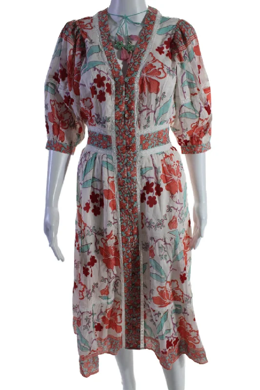 Bell Womens Cotton Blend Red Floral V-Neck 3/4 Sleeve Midi Dress Soft Wool Midi