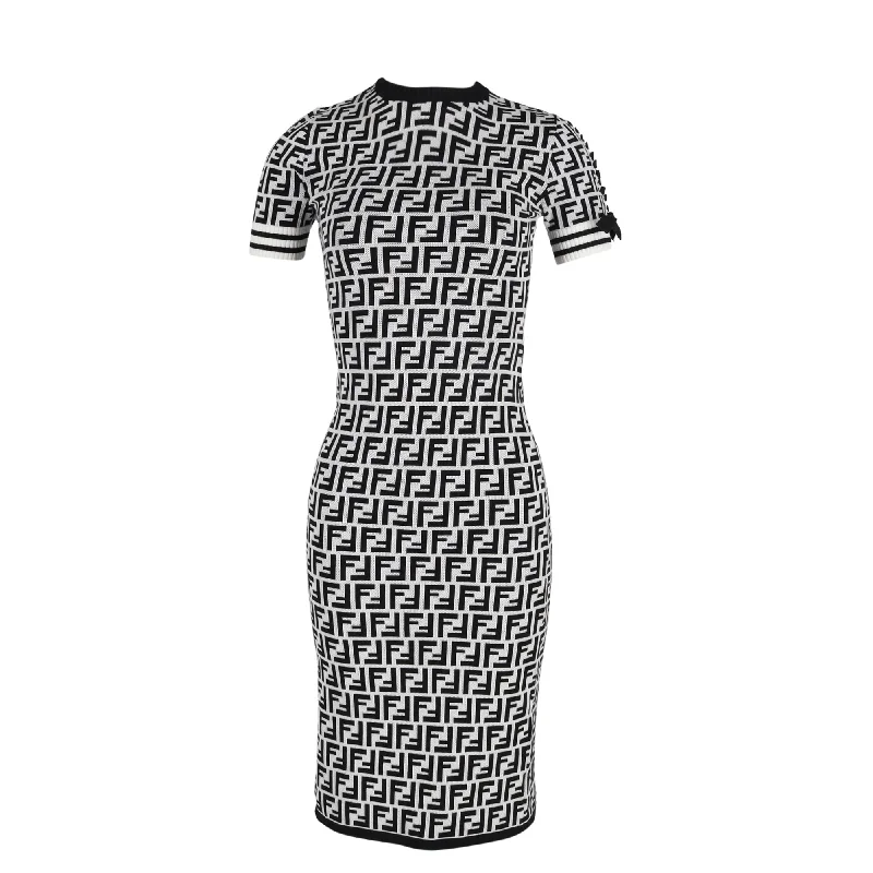 Fendi Zucca Printed Midi crewneck Fitted Dress in Black and White Viscose Bodycon Midi Skirt