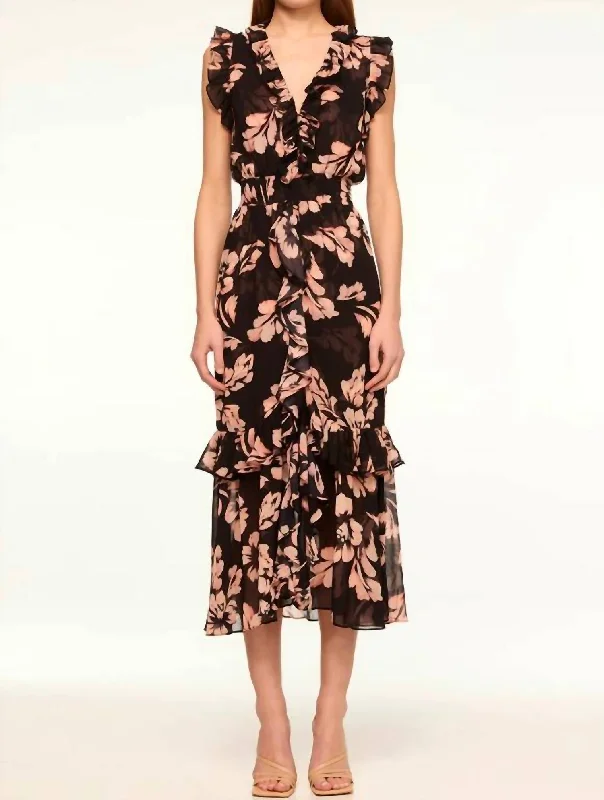 Kidada Midi Dress In Auric Flora Ruffled Floral Skirt