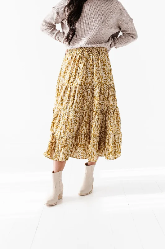 Meadow Tiered Midi Skirt in Mustard - Size 1X Left Structured Midi Skirt