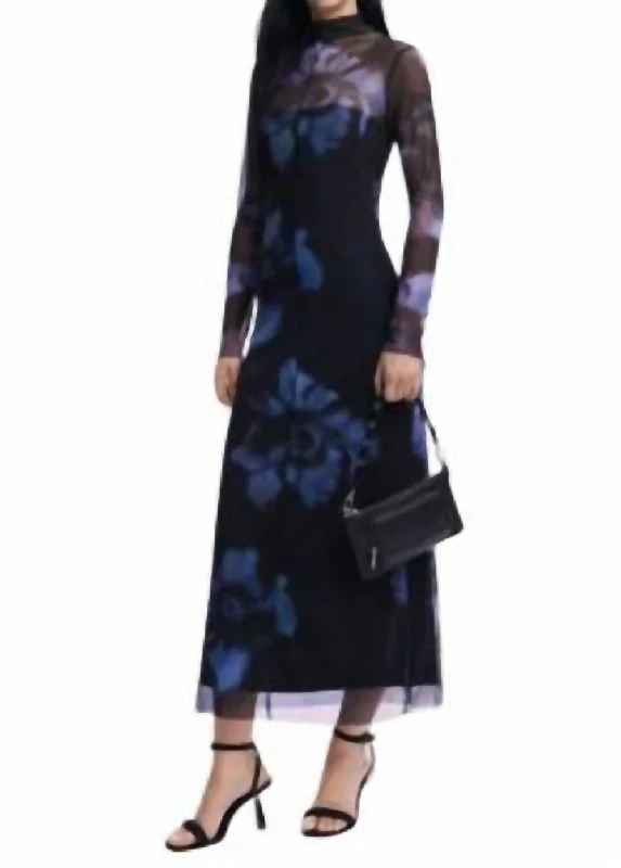 Mesh High Neck Midi In Blue/black Midi Skirt Look