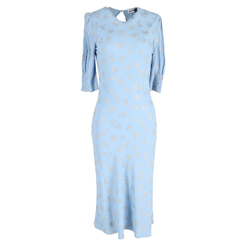 Rixo Jess Zodiac Signs Print Midi Dress in Light Blue Viscose Long Midi Skirt