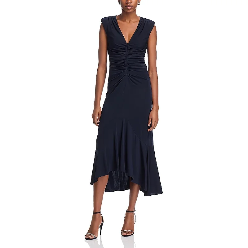 Womens V Neck Ruched Midi Dress Everyday Midi Skirt