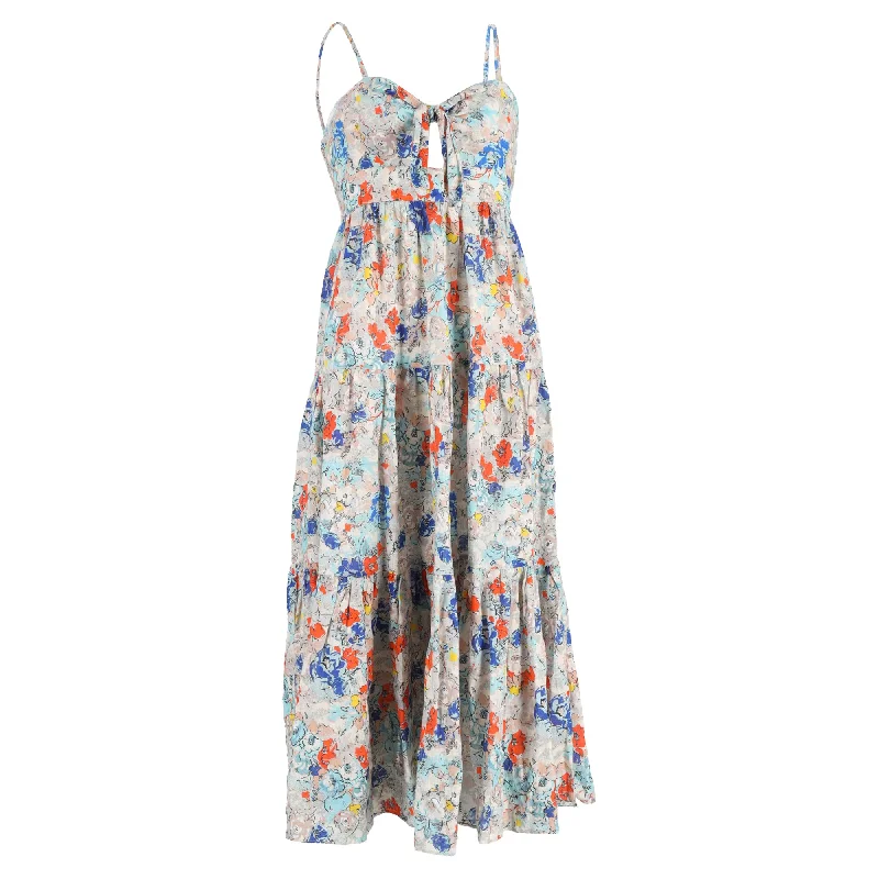 Zimmermann Floral Print Midi Tiered Dress in Multicolor Cotton Pleated Satin Skirt