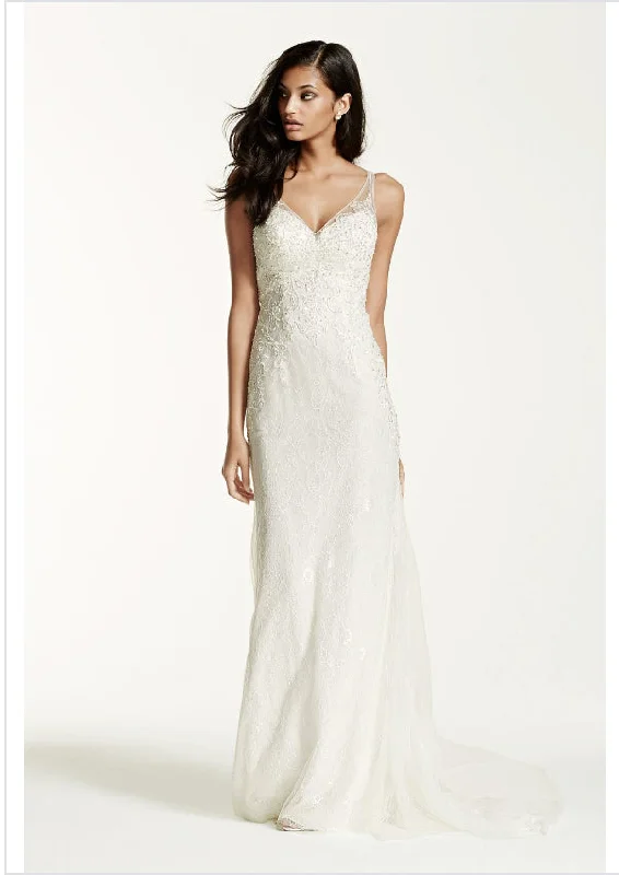 David's Bridal Lace Sheath Gown with V Neckline Lace Gown Glam