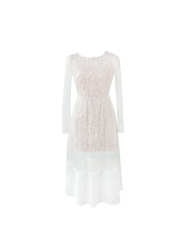 Sophie long sleeve full-lace dress in cream Satin Lace Dress