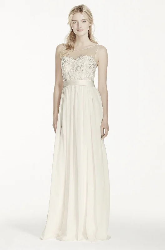 David's Bridal Illusion Tank Chiffon with Lace MK3747 Ruffled Lace Gown